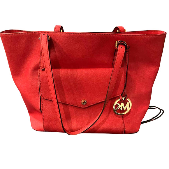 Michael Kors Jet Set Large TZ Snap Pocket Tote Shoulder Bag Pink Coral Leather - Picture 2 of 6